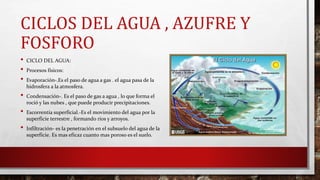 CICLOS DEL AGUA , AZUFRE Y 
FOSFORO 
• CICLO DEL AGUA: 
• Procesos físicos: 
• Evaporación-.Es el paso de agua a gas . el agua pasa de la 
hidrosfera a la atmosfera. 
• Condensación-. Es el paso de gas a agua , lo que forma el 
roció y las nubes , que puede producir precipitaciones. 
• Escorrentía superficial.-Es el movimiento del agua por la 
superficie terrestre , formando ríos y arroyos. 
• Infiltración- es la penetración en el subsuelo del agua de la 
superficie. Es mas eficaz cuanto mas poroso es el suelo. 
 
