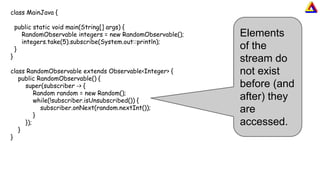 class MainJava {
public static void main(String[] args) {
RandomObservable integers = new RandomObservable();
integers.take(5).subscribe(System.out::println);
}
}
class RandomObservable extends Observable<Integer> {
public RandomObservable() {
super(subscriber -> {
Random random = new Random();
while(!subscriber.isUnsubscribed()) {
subscriber.onNext(random.nextInt());
}
});
}
}
Elements
of the
stream do
not exist
before (and
after) they
are
accessed.
 