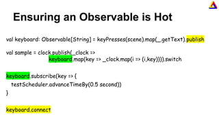Ensuring an Observable is Hot
val keyboard: Observable[String] = keyPresses(scene).map(_.getText).publish
val sample = clock.publish(_clock =>
keyboard.map(key => _clock.map(i => (i,key)))).switch
keyboard.subscribe(key => {
testScheduler.advanceTimeBy(0.5 second))
}
keyboard.connect
 