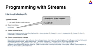 Programming with Streams
The mother of all streams
Iterable<E>
 