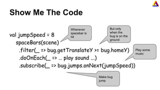 Show Me The Code
val jumpSpeed = 8
spaceBars(scene)
.filter(_ => bug.getTranslateY >= bug.homeY)
.doOnEach(_ => … play sound ...)
.subscribe(_ => bug.jumps.onNext(jumpSpeed))
Whenever
spacebar is
hit
But only
when the
bug is on the
ground
Play some
music
Make bug
jump
 