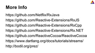 More Info
https://github.com/Netflix/RxJava
https://github.com/Reactive-Extensions/RxJS
https://github.com/Reactive-Extensions/RxCpp
https://github.com/Reactive-Extensions/Rx.NET
https://github.com/ReactiveCocoa/ReactiveCocoa
https://www.dartlang.org/docs/tutorials/streams/
http://bodil.org/prez/
 
