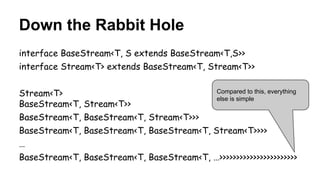 Down the Rabbit Hole
interface BaseStream<T, S extends BaseStream<T,S>>
interface Stream<T> extends BaseStream<T, Stream<T>>
Stream<T>
BaseStream<T, Stream<T>>
BaseStream<T, BaseStream<T, Stream<T>>>
BaseStream<T, BaseStream<T, BaseStream<T, Stream<T>>>>
…
BaseStream<T, BaseStream<T, BaseStream<T, …>>>>>>>>>>>>>>>>>>>>>>>
Compared to this, everything
else is simple
 