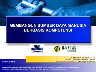 This workshop material is solely for the use of client personnel. No part of it may be circulated, quoted, or reproduced for
distribution outside the client organization without prior written approval from M-Knows Consulting.
CONFIDENTIAL
Jl. Radio IV No 8 B, Jakarta 12130
Telp.(021) 708 33384, 7209 729, 7206 076
learning@menaragroup.com www.menaragroup.com
MEMBANGUN SUMBER DAYA MANUSIA
BERBASIS KOMPETENSI
 
