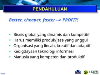ݺߣ 3
Better, cheaper, faster --> PROFIT!
• Bisnis global yang dinamis dan kompetitif
• Harus memiliki produk/jasa yang unggul
• Organisasi yang lincah, kreatif dan adaptif
• Kedigdayaan teknologi informasi
• Manusia yang kompeten dan produktif
PENDAHULUAN
 