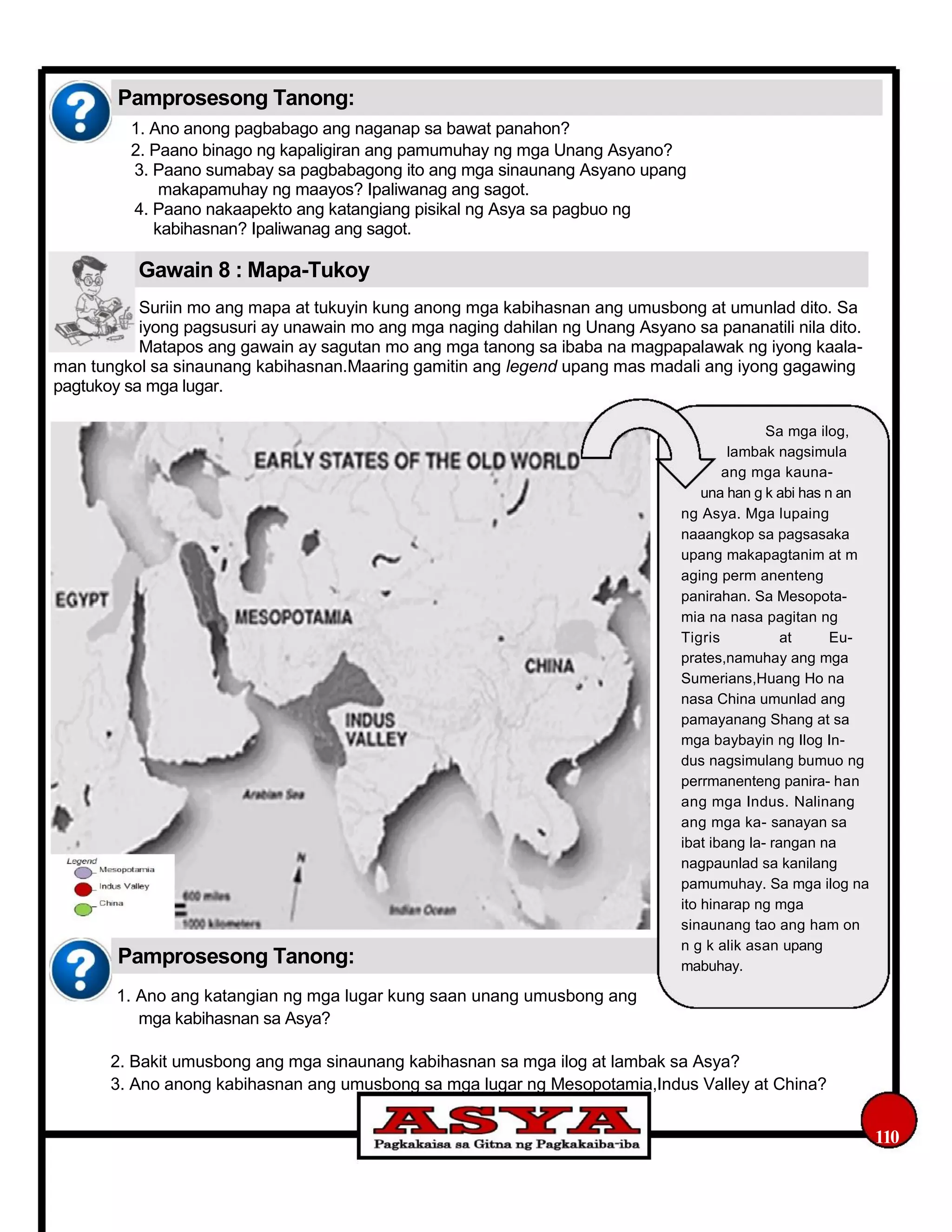 Pamprosesong Tanong:
1. Ano anong pagbabago ang naganap sa bawat panahon?
2. Paano binago ng kapaligiran ang pamumuhay ng mga Unang Asyano?
3. Paano sumabay sa pagbabagong ito ang mga sinaunang Asyano upang
makapamuhay ng maayos? Ipaliwanag ang sagot.
4. Paano nakaapekto ang katangiang pisikal ng Asya sa pagbuo ng
kabihasnan? Ipaliwanag ang sagot.
Gawain 8 : Mapa-Tukoy
Suriin mo ang mapa at tukuyin kung anong mga kabihasnan ang umusbong at umunlad dito. Sa
iyong pagsusuri ay unawain mo ang mga naging dahilan ng Unang Asyano sa pananatili nila dito.
Matapos ang gawain ay sagutan mo ang mga tanong sa ibaba na magpapalawak ng iyong kaala-
man tungkol sa sinaunang kabihasnan.Maaring gamitin ang legend upang mas madali ang iyong gagawing
pagtukoy sa mga lugar.
Sa mga ilog,
lambak nagsimula
ang mga kauna-
una han g k abi has n an
ng Asya. Mga lupaing
naaangkop sa pagsasaka
upang makapagtanim at m
aging perm anenteng
panirahan. Sa Mesopota-
mia na nasa pagitan ng
Tigris at Eu-
Pamprosesong Tanong:
1. Ano ang katangian ng mga lugar kung saan unang umusbong ang
mga kabihasnan sa Asya?
prates,namuhay ang mga
Sumerians,Huang Ho na
nasa China umunlad ang
pamayanang Shang at sa
mga baybayin ng Ilog In-
dus nagsimulang bumuo ng
perrmanenteng panira- han
ang mga Indus. Nalinang
ang mga ka- sanayan sa
ibat ibang la- rangan na
nagpaunlad sa kanilang
pamumuhay. Sa mga ilog na
ito hinarap ng mga
sinaunang tao ang ham on
n g k alik asan upang
mabuhay.
2. Bakit umusbong ang mga sinaunang kabihasnan sa mga ilog at lambak sa Asya?
3. Ano anong kabihasnan ang umusbong sa mga lugar ng Mesopotamia,Indus Valley at China?
110
 