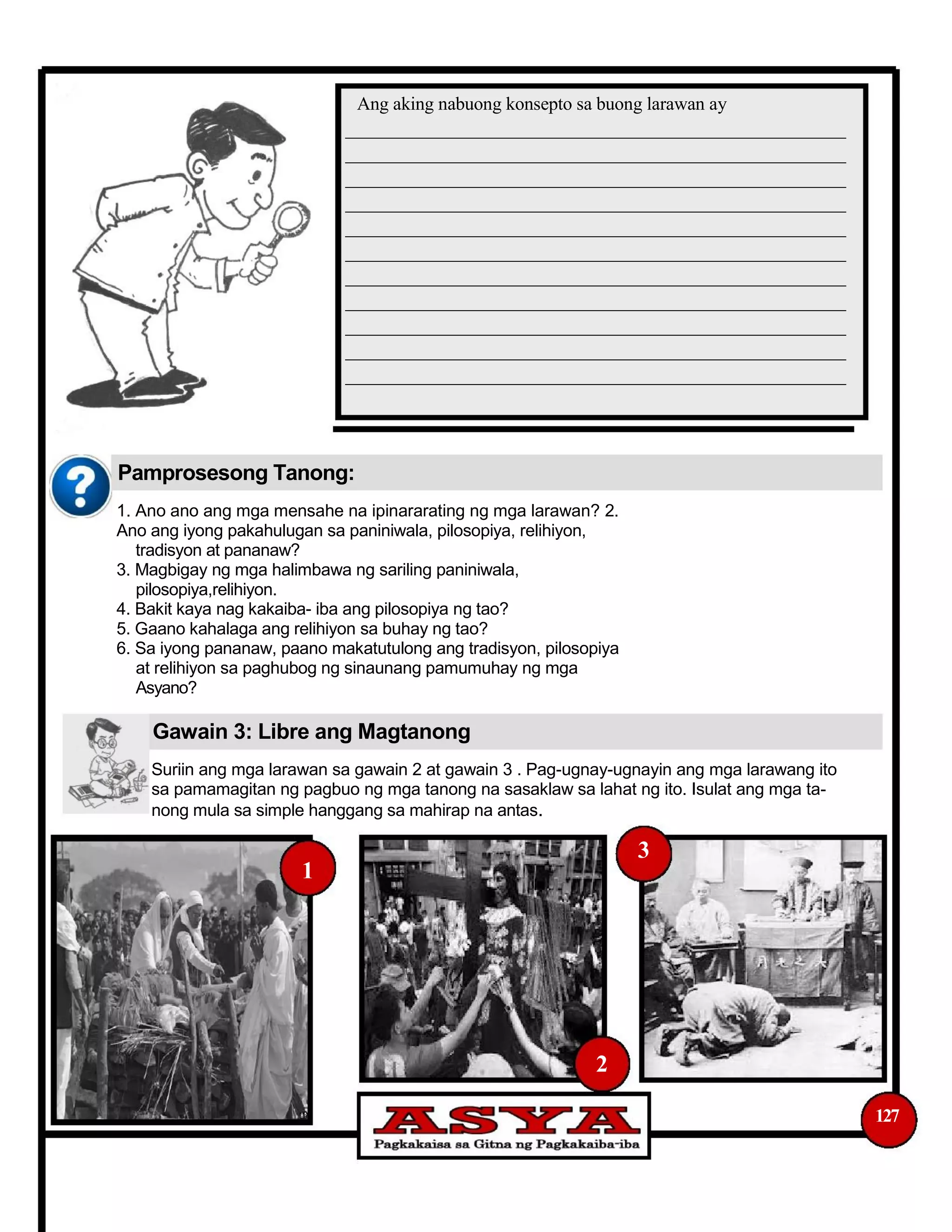Ang aking nabuong konsepto sa buong larawan ay
_______________________________________________________
_______________________________________________________
_______________________________________________________
_______________________________________________________
_______________________________________________________
_______________________________________________________
_______________________________________________________
_______________________________________________________
_______________________________________________________
_______________________________________________________
_______________________________________________________
Pamprosesong Tanong:
1. Ano ano ang mga mensahe na ipinararating ng mga larawan? 2.
Ano ang iyong pakahulugan sa paniniwala, pilosopiya, relihiyon,
tradisyon at pananaw?
3. Magbigay ng mga halimbawa ng sariling paniniwala,
pilosopiya,relihiyon.
4. Bakit kaya nag kakaiba- iba ang pilosopiya ng tao?
5. Gaano kahalaga ang relihiyon sa buhay ng tao?
6. Sa iyong pananaw, paano makatutulong ang tradisyon, pilosopiya
at relihiyon sa paghubog ng sinaunang pamumuhay ng mga
Asyano?
Gawain 3: Libre ang Magtanong
Suriin ang mga larawan sa gawain 2 at gawain 3 . Pag-ugnay-ugnayin ang mga larawang ito
sa pamamagitan ng pagbuo ng mga tanong na sasaklaw sa lahat ng ito. Isulat ang mga ta-
nong mula sa simple hanggang sa mahirap na antas.
3
1
2
127
 