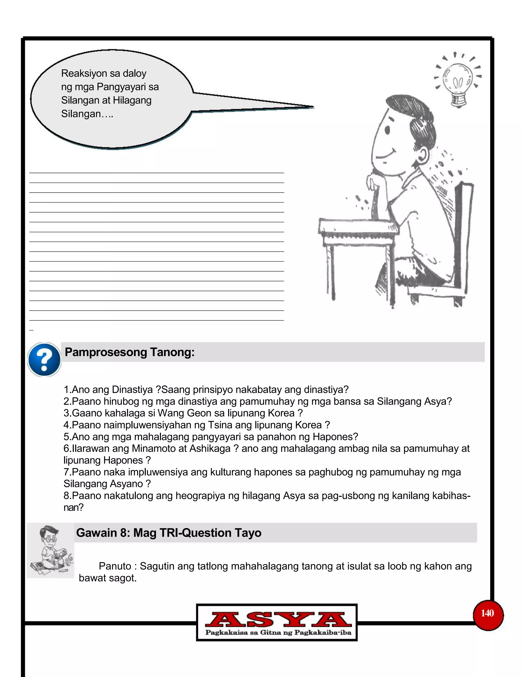 Reaksiyon sa daloy
ng mga Pangyayari sa
Silangan at Hilagang
Silangan.
________________________________________________________________
________________________________________________________________
________________________________________________________________
________________________________________________________________
________________________________________________________________
________________________________________________________________
________________________________________________________________
________________________________________________________________
________________________________________________________________
________________________________________________________________
________________________________________________________________
________________________________________________________________
________________________________________________________________
________________________________________________________________
________________________________________________________________
________________________________________________________________
_
Pamprosesong Tanong:
1.Ano ang Dinastiya ?Saang prinsipyo nakabatay ang dinastiya?
2.Paano hinubog ng mga dinastiya ang pamumuhay ng mga bansa sa Silangang Asya?
3.Gaano kahalaga si Wang Geon sa lipunang Korea ?
4.Paano naimpluwensiyahan ng Tsina ang lipunang Korea ?
5.Ano ang mga mahalagang pangyayari sa panahon ng Hapones?
6.Ilarawan ang Minamoto at Ashikaga ? ano ang mahalagang ambag nila sa pamumuhay at
lipunang Hapones ?
7.Paano naka impluwensiya ang kulturang hapones sa paghubog ng pamumuhay ng mga
Silangang Asyano ?
8.Paano nakatulong ang heograpiya ng hilagang Asya sa pag-usbong ng kanilang kabihas-
nan?
Gawain 8: Mag TRI-Question Tayo
Panuto : Sagutin ang tatlong mahahalagang tanong at isulat sa loob ng kahon ang
bawat sagot.
140
 