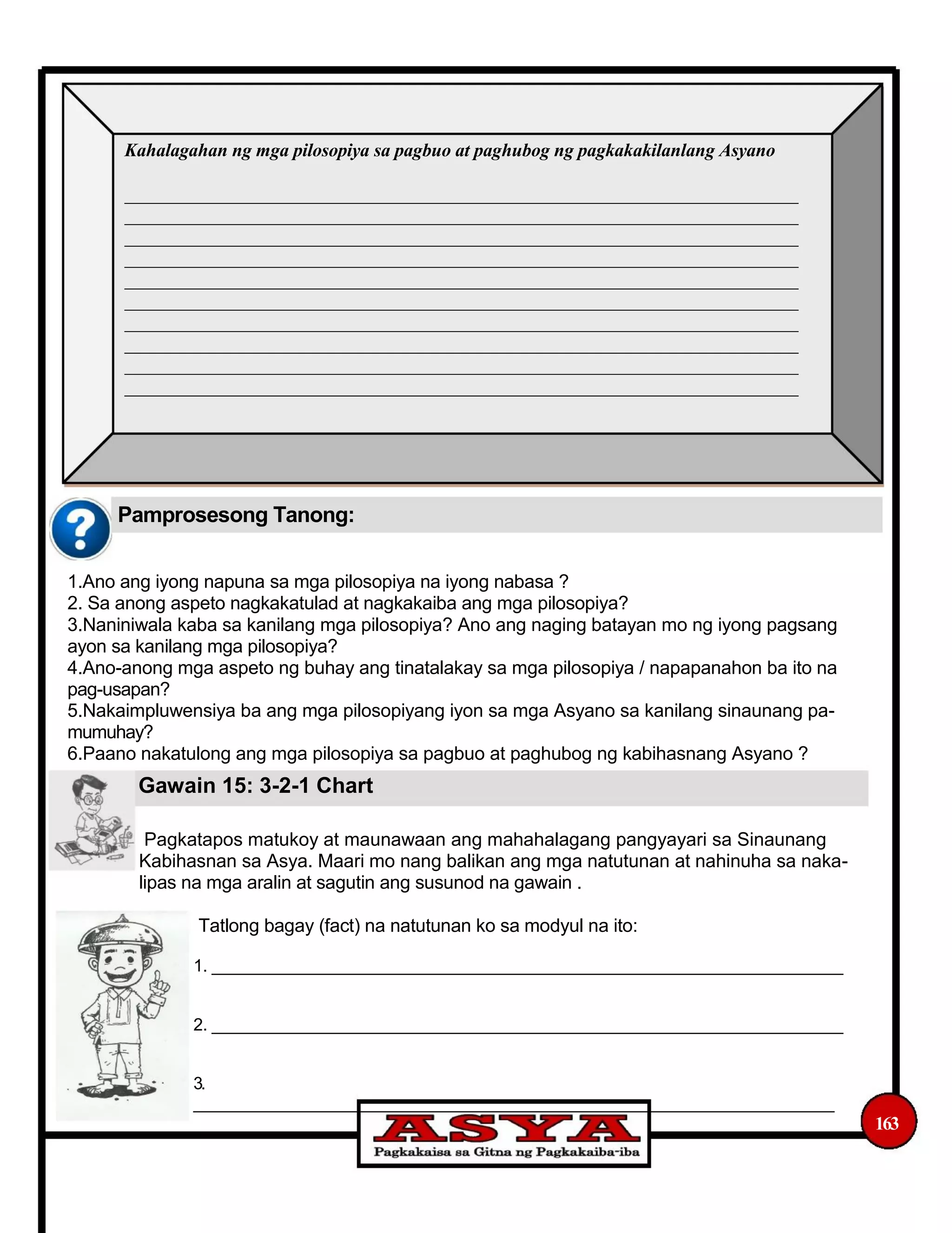 Kahalagahan ng mga pilosopiya sa pagbuo at paghubog ng pagkakakilanlang Asyano
__________________________________________________________________________
__________________________________________________________________________
__________________________________________________________________________
__________________________________________________________________________
__________________________________________________________________________
__________________________________________________________________________
__________________________________________________________________________
__________________________________________________________________________
__________________________________________________________________________
__________________________________________________________________________
Pamprosesong Tanong:
1.Ano ang iyong napuna sa mga pilosopiya na iyong nabasa ?
2. Sa anong aspeto nagkakatulad at nagkakaiba ang mga pilosopiya?
3.Naniniwala kaba sa kanilang mga pilosopiya? Ano ang naging batayan mo ng iyong pagsang
ayon sa kanilang mga pilosopiya?
4.Ano-anong mga aspeto ng buhay ang tinatalakay sa mga pilosopiya / napapanahon ba ito na
pag-usapan?
5.Nakaimpluwensiya ba ang mga pilosopiyang iyon sa mga Asyano sa kanilang sinaunang pa-
mumuhay?
6.Paano nakatulong ang mga pilosopiya sa pagbuo at paghubog ng kabihasnang Asyano ?
Gawain 15: 3-2-1 Chart
Pagkatapos matukoy at maunawaan ang mahahalagang pangyayari sa Sinaunang
Kabihasnan sa Asya. Maari mo nang balikan ang mga natutunan at nahinuha sa naka-
lipas na mga aralin at sagutin ang susunod na gawain .
Tatlong bagay (fact) na natutunan ko sa modyul na ito:
1. ____________________________________________________________________
2. ____________________________________________________________________
3.
_____________________________________________________________________
163
 