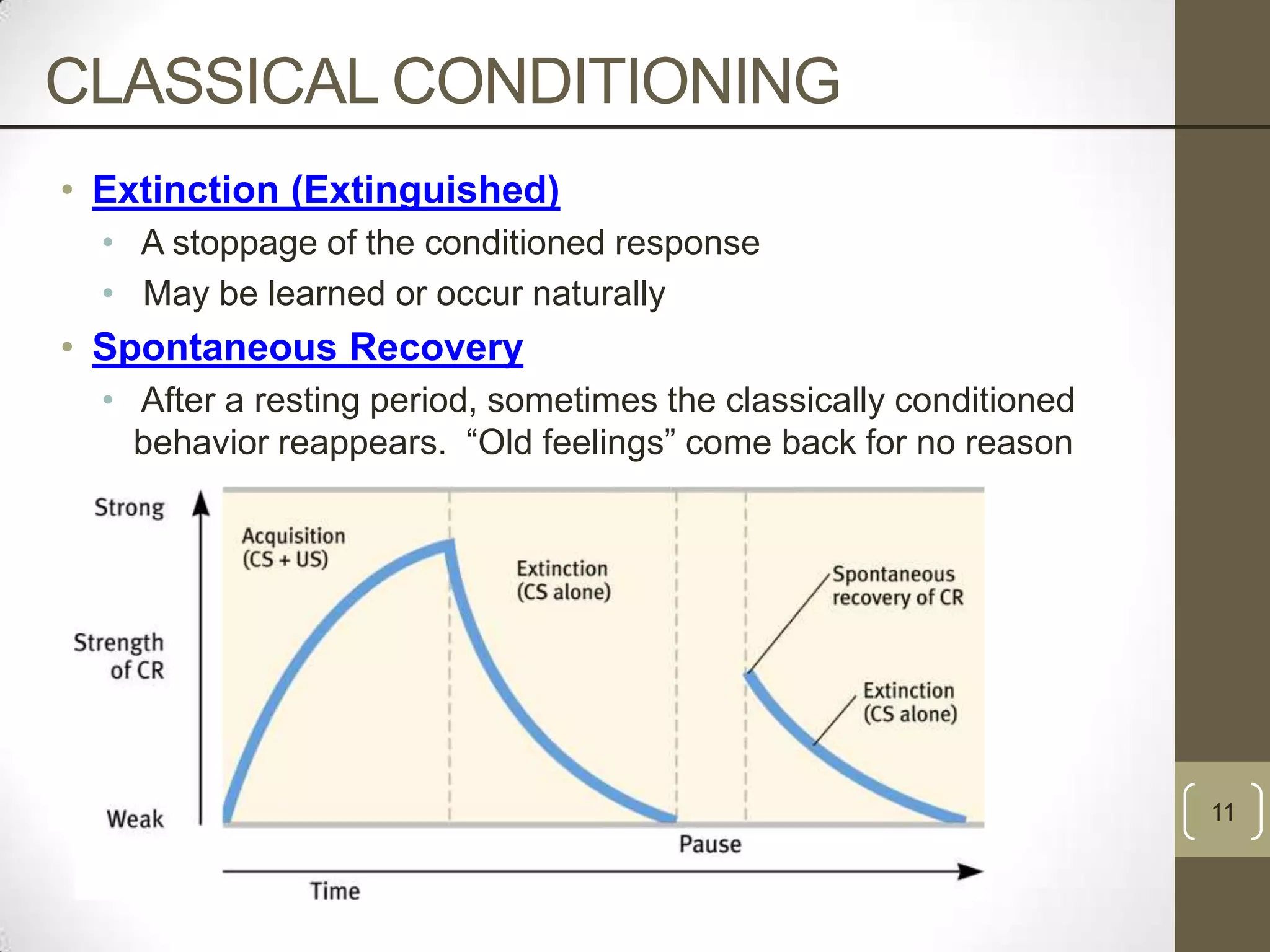 CLASSICAL CONDITIONING
• Extinction (Extinguished)
• A stoppage of the conditioned response
• May be learned or occur naturally

• Spontaneous Recovery
• After a resting period, sometimes the classically conditioned
behavior reappears. “Old feelings” come back for no reason

11

 