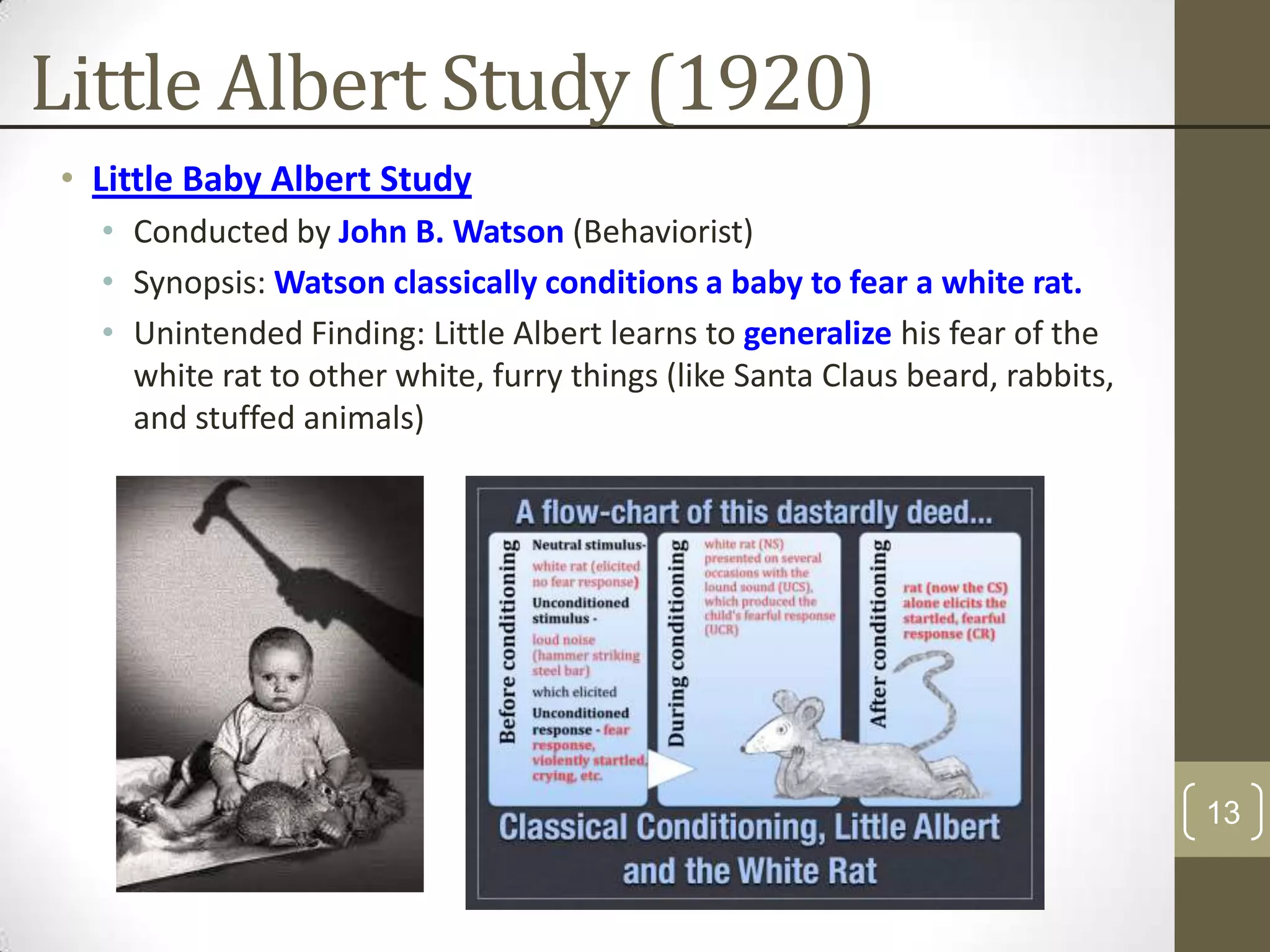 Little Albert Study (1920)
• Little Baby Albert Study
• Conducted by John B. Watson (Behaviorist)
• Synopsis: Watson classically conditions a baby to fear a white rat.
• Unintended Finding: Little Albert learns to generalize his fear of the
white rat to other white, furry things (like Santa Claus beard, rabbits,
and stuffed animals)

13

 