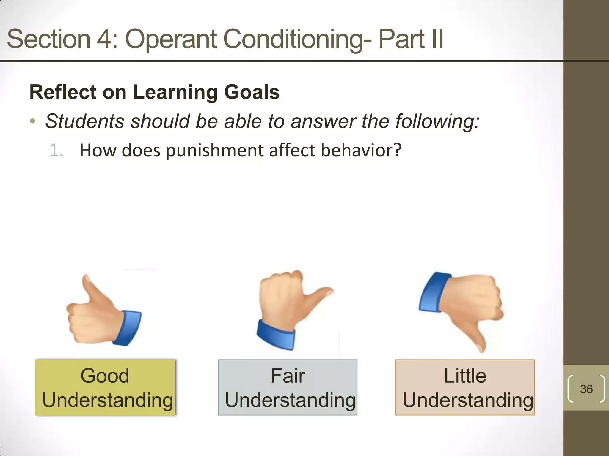 Section 4: Operant Conditioning- Part II
Reflect on Learning Goals
• Students should be able to answer the following:
1. How does punishment affect behavior?

Good
Understanding

Fair
Understanding

Little
Understanding

36

 