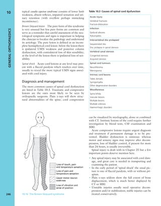 typical cauda equina syndrome consists of lower limb
weakness, absent reﬂexes, impaired sensation and uri-
nary retention (with overﬂow perhaps mimicking
incontinence).
Brown-Séquard lesion The pure form of this syndrome
is very unusual but less pure forms are common and
serve as a reminder that careful assessment of the neu-
rological symptoms and signs is important in helping
the clinician to localize the pathology and understand
its aetiology. The pure lesion is deﬁned as an incom-
plete hemispherical cord lesion: below the lesion there
is ipsilateral UMN weakness and posterior column
dysfunction, with contralateral loss of skin sensibility;
at the level of the lesion there is ipsilateral loss of sen-
sibility.
Spinal shock Acute cord lesions at any level may pres-
ent with a ﬂaccid paralysis which resolves over time,
usually to reveal the more typical UMN signs associ-
ated with cord injury.
Diagnosis and management
The more common causes of spinal cord dysfunction
are listed in Table 10.3. Traumatic and compressive
lesions are the ones most likely to be seen by
orthopaedic surgeons. Plain x-rays will show struc-
tural abnormalities of the spine; cord compression
can be visualized by myelography, alone or combined
with CT. Intrinsic lesions of the cord require further
investigation by blood tests, CSF examination and
MRI.
Acute compressive lesions require urgent diagnosis
and treatment if permanent damage is to be pre-
vented. Bladder dysfunction is ominous: whereas
motor and sensory signs may improve after decom-
pression, loss of bladder control, if present for more
than 24 hours, is usually irreversible.
Spinal injury is dealt with in Chapter 25 but a few
important points deserve mention here.
• Any spinal injury may be associated with cord dam-
age, and great care is needed in transporting and
examining the patient.
• In the early period of ‘spinal shock’ the usual pic-
ture is one of ﬂaccid paralysis, with or without pri-
apism.
• Plain x-rays seldom show the full extent of bone
displacement, which is much better displayed by
CT or MRI.
• Unstable injuries usually need operative decom-
pression and/or stabilization; stable injuries can be
treated conservatively.
GENERALORTHOPAEDICS
246
10 Table 10.3 Causes of spinal cord dysfunction
Acute injury
Vertebral fractures
Fracture-dislocation
Infection
Epidural abscess
Poliomyelitis
Intervertebral disc prolapsed
Sequestrated disc
Disc prolapse in spinal stenosis
Vertebral canal stenosis
Congenital stenosis
Acquired stenosis
Spinal cord tumours
Neuroﬁbroma
Meningioma
Intrinsic cord lesions
Tabes dorsalis
Syringomyelia
Other degenerative disorders
Miscellaneous
Spina biﬁda
Vascular lesions
Multiple lesions
Multiple sclerosis
Haemorrhagic disorders
10.16 The Brown-Séquard syndrome
 