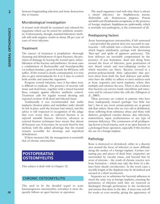 between longstanding infection and bone destruction
due to trauma.
Microbiological investigation
A wound swab should be examined and cultured for
organisms which can be tested for antibiotic sensitiv-
ity. Unfortunately, though, standard laboratory meth-
ods still yield negative results in about 20 per cent of
cases of overt infection.
Treatment
The essence of treatment is prophylaxis: thorough
cleansing and debridement of open fractures, the pro-
vision of drainage by leaving the wound open, immo-
bilization of the fracture and antibiotics. In most cases
a combination of ﬂucloxacillin and benzylpenicillin
(or sodium fusidate), given 6-hourly for 48 hours, will
sufﬁce. If the wound is clearly contaminated, it is wise
also to give metronidazole for 4 or 5 days to control
both aerobic and anaerobic organisms.
Pyogenic wound infection, once it has taken root,
is difﬁcult to eradicate. The presence of necrotic soft
tissue and dead bone, together with a mixed bacterial
ﬂora, conspire against effective antibiotic control.
Treatment calls for regular wound dressing and
repeated excision of all dead and infected tissue.
Traditionally it was recommended that stable
implants (ﬁxation plates and medullary nails) should
be left in place until the fracture had united, and this
advice is still respected in recognition of the adage
that even worse than an infected fracture is an
infected unstable fracture. However, advances in
external ﬁxation techniques have meant that almost
all fractures can, if necessary, be securely ﬁxed by that
method, with the added advantage that the wound
remains accessible for dressings and superﬁcial
debridement.
If these measures fail, the management is essentially
that of chronic osteomyelitis.
POSTOPERATIVE
OSTEOMYELITIS
This subject is dealt with in Chapter 12.
CHRONIC OSTEOMYELITIS
This used to be the dreaded sequel to acute
haematogenous osteomyelitis; nowadays it more fre-
quently follows an open fracture or operation.
The usual organisms (and with time there is always
a mixed infection) are Staphylococcus aureus,
Escherichia coli, Streptococcus pyogenes, Proteus
mirabilis and Pseudomonas aeruginosa; in the presence
of foreign implants Staphylococcus epidermidis, which
is normally non-pathogenic, is the commonest of all.
Predisposing factors
Acute haematogenous osteomyelitis, if left untreated
– and provided the patient does not succumb to sep-
ticaemia – will subside into a chronic bone infection
which lingers indeﬁnitely, perhaps with alternating
‘ﬂare-ups’ and spells of apparent quiescence. The
host defences are inevitably compromised by the
presence of scar formation, dead and dying bone
around the focus of infection, poor penetration of
new blood vessels and non-collapsing cavities in
which microbes can thrive. Bacteria covered in a
protein–polysaccharide slime (glycocalyx) that pro-
tects them from both the host defences and antibi-
otics have the ability to adhere to inert surfaces such
as bone sequestra and metal implants, where they
multiply and colonize the area. There is also evidence
that bacteria can survive inside osteoblasts and osteo-
cytes and be released when the cells die (Ellington et
al., 2003).
These processes are evident in patients who have
been inadequately treated (perhaps ‘too little too
late’), but in any event certain patients are at greater
risk than others: those who are very old or debilitated,
those suffering from substance abuse and those with
diabetes, peripheral vascular disease, skin infections,
malnutrition, lupus erythematosus or any type of
immune deﬁciency. The commonest of all predispos-
ing factors is local trauma, such as an open fracture or
a prolonged bone operation, especially if this involves
the use of a foreign implant.
Pathology
Bone is destroyed or devitalized, either in a discrete
area around the focus of infection or more diffusely
along the surface of a foreign implant. Cavities con-
taining pus and pieces of dead bone (sequestra) are
surrounded by vascular tissue, and beyond that by
areas of sclerosis – the result of chronic reactive new
bone formation – which may take the form of a dis-
tinct bony sheath (involucrum). In the worst cases a
sizeable length of the diaphysis may be devitalized and
encased in a thick involucrum.
Sequestra act as substrates for bacterial adhesion in
much the same way as foreign implants, ensuring the
persistence of infection until they are removed or
discharged through perforations in the involucrum
and sinuses that drain to the skin. A sinus may seal off
for weeks or even months, giving the appearance of
GENERALORTHOPAEDICS
38
2
 
