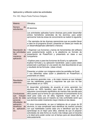 Aplicación y reflexión sobre las actividades

Por: ISC. Mayra Paola Pacheco Delgado.


Materia:          Ofimática
Número       de
                20 alumnos
estudiantes:
                  Las actividades aplicadas fueron diversas para poder desarrollar
                  ambos hemisferios cerebrales de los alumnos, para poder
                  aprovechar toda las áreas de conocimiento se realizó lo siguiente:

                  • Dar ejemplos de las diversas operaciones que se pueden llevar
                  a cabo en el programa (Excel ) presentar en clases por medio de
                  un desarrollo(ejemplo calendario o factura)

Descripción de    • Organizar Las funciones y barras de herramientas del software
las actividades   para posteriormente subirlo a la plataforma es formato de
VAK           y   presentación de PowerPoint y presentarlo en clase a sus
mecánica de       compañeros
aplicación:
                  • Explicar paso a paso las funciones de Excel y su aplicación
                  Explicar formulas y su aplicación haciéndolo paso a paso (clase
                  presencial) o participar en una sesión de chat describiendo el uso
                  y resultado de las formulas (clase virtual)

                  Presentar un póster con imágenes sobre las pantallas de Excel.
                  Y sus diferentes vistas (subir a plataforma en PowerPoint o
                  presentarlo en clase)
                  Los alumnos aprenden mas y de mejor manera ya que trabajan
Resultados
                  con las habilidades propias y mejoraran las que aun no han
obtenidos:
                  desarrollado en un 100%
                El desarrollar actividades de acuerdo al como aprenden los
                alumnos es 100% benéfico para todos ya que los alumnos
                adquieren conocimiento significativo de manera más sencilla para
Conclusiones    ellos puesto que la forma en que adquieren el conocimiento es la
que incluyen ideal para cada uno de ellos, logrando mayor éxito en el
punto de vista aprendizaje hasta para el maestro es más confortable sentir que
personal,       sus alumnos están mostrando mayor interés en las clases.
dificultados de
aplicación,     El único inconveniente, es que si hablamos de un grupo de 20
beneficios de alumnos, lo más complicado será identificar de manera correcta
la aplicación, con que habilidades cuenta cada uno e identificar qué tipo de
etc.:           aprendizaje es el mejor para ellos, además de que el preparar
                actividades de esta forma es mucho más trabajo para el docente
                y lo ideal sería poder contar con el tiempo para así desarrollarlas
                adecuadamente.
 