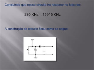 Concluindo que nosso circuito ira ressonar na faixa de: 230 KHz ...15915 KHz A construção do circuito ficou como se segue: 