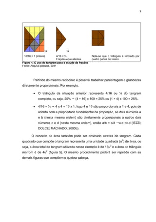 8
 
16/16 = 1 (inteiro) 4/16 = ¼
Frações equivalentes
Nota-se que o triângulo é formado por
quatro partes do inteiro.
Figura 4: O uso do tangram para o estudo de frações
Fonte: Arquivo pessoal, 2011
Partindo do mesmo raciocínio é possível trabalhar porcentagem e grandezas
diretamente proporcionais. Por exemplo:
 O triângulo da situação anterior representa 4/16 ou ¼ do tangram
completo, ou seja, 25%  (4 ÷ 16) x 100 = 25% ou (1 ÷ 4) x 100 = 25%.
 4/16 = ¼  4 x 4 = 16 x 1, logo 4 e 16 são proporcionais a 1 e 4, pois de
acordo com a propriedade fundamental da proporção, se dois números a
e b (nesta mesma ordem) são diretamente proporcionais a outros dois
números c e d (nesta mesma ordem), então a/b = c/d a.d =c.d (IEZZI;
DOLCE; MACHADO, 2000b).
O conceito de área também pode ser ensinado através do tangram. Cada
quadrado que compõe o tangram representa uma unidade quadrada (u2
) de área, ou
seja, a área total do tangram utilizado nesse exemplo é de 16u2
e a área do triângulo
marrom é de 4u2
(figura 5). O mesmo procedimento poderá ser repetido com as
demais figuras que compõem o quebra-cabeça.
 