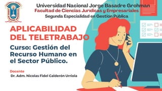 Curso: Gestión del
Recurso Humano en
el Sector Público.
Docente
Dr. Adm. Nicolas Fidel Calderón Urriola
APLICABILIDAD
DEL TELETRABAJO
 