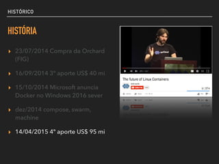 HISTÓRICO
HISTÓRIA
▸ 23/07/2014 Compra da Orchard
(FIG)
▸ 16/09/2014 3º aporte US$ 40 mi
▸ 15/10/2014 Microsoft anuncia
Docker no Windows 2016 sever
▸ dez/2014 compose, swarm,
machine
▸ 14/04/2015 4º aporte US$ 95 mi
 