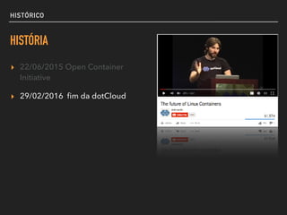 HISTÓRICO
HISTÓRIA
▸ 22/06/2015 Open Container
Initiative
▸ 29/02/2016 ﬁm da dotCloud
 