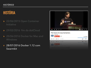 HISTÓRICO
HISTÓRIA
▸ 22/06/2015 Open Container
Initiative
▸ 29/02/2016 ﬁm da dotCloud
▸ 20/06/2016 Docker for Mac and
Windows
▸ 28/07/2016 Docker 1.12 com
Swarmkit
 