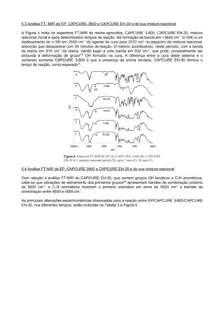 5.3 Análise FT- MIR de EP, CAPCURE-3800 e CAPCURE EH-30 e de sua mistura reacional

A Figura 4 inclui os espectros FT-MIR da resina epoxídica, CAPCURE 3-800, CAPCURE EH-30, mistura
reacional inicial e após determinados tempos de reação. Há formação de banda em ~3440 cm -1 (n OH) e um
deslocamento do n SH em 2559 cm-1 do agente de cura para 2570 cm1 no espectro da mistura reacional,
absorção que desaparece com 05 minutos de reação. O mesmo acontecendo, neste período, com a banda
da resina em 915 cm-1 da resina, dando lugar a uma banda em 932 cm-1, que pode, provavelmente ser
atribuída à deformação de grupo[16] OH formado na cura. A diferença entre a cura deste sistema e o
contendo somente CAPCURE 3-800 é que a presença da amina terciária, CAPCURE EH-30 diminui o
tempo de reação, como esperado[1].




5.4 Análise FT-NIR de EP, CAPCURE-3800 e CAPCURE EH-30 e de sua mistura reacional

Com relação à análise FT-NIR do CAPCURE EH-30, que contém grupos OH fenólicos e C-H aromáticos,
sabe-se que vibrações de estiramento dos primeiros grupos[9] apresentam bandas de combinação próximo
de 5000 cm-1, e C-H aromáticos mostram o primeiro sobretom em torno de 5930 cm-1 e bandas de
combinação entre 4650 e 4065 cm-1.

As principais alterações espectrométricas observadas para a reação entre EP/CAPCURE 3-800/CAPCURE
EH-30, nos diferentes tempos, estão incluídas na Tabela 3 e Figura 5.
 