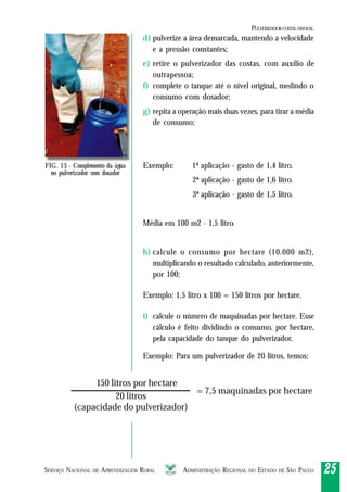 SERVIÇO NACIONAL DE APRENDIZAGEM RURAL ADMINISTRAÇÃO REGIONAL DO ESTADO DE SÃO PAULO 2525252525
FIG. 13 - Complemento da água
no pulverizador com dosador
d) pulverize a área demarcada, mantendo a velocidade
e a pressão constantes;
e) retire o pulverizador das costas, com auxílio de
outrapessoa;
f) complete o tanque até o nível original, medindo o
consumo com dosador;
g) repita a operação mais duas vezes, para tirar a média
de consumo;
Exemplo: 1ª aplicação - gasto de 1,4 litro.
2ª aplicação - gasto de 1,6 litro.
3ª aplicação - gasto de 1,5 litro.
Média em 100 m2 - 1,5 litro.
h) calcule o consumo por hectare (10.000 m2),
multiplicando o resultado calculado, anteriormente,
por 100;
Exemplo: 1,5 litro x 100 = 150 litros por hectare.
i) calcule o número de maquinadas por hectare. Esse
cálculo é feito dividindo o consumo, por hectare,
pela capacidade do tanque do pulverizador.
Exemplo: Para um pulverizador de 20 litros, temos:
PULVERIZADORCOSTALMANUAL
150 litros por hectare
= 7,5 maquinadas por hectare
20 litros
(capacidade do pulverizador)
 