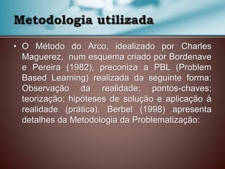 Metodologia utilizada
• O Método do Arco, idealizado por Charles
Maguerez, num esquema criado por Bordenave
e Pereira (1982), preconiza a PBL (Problem
Based Learning) realizada da seguinte forma:
Observação da realidade; pontos-chaves;
teorização; hipóteses de solução e aplicação à
realidade (prática). Berbel (1998) apresenta
detalhes da Metodologia da Problematização:
 