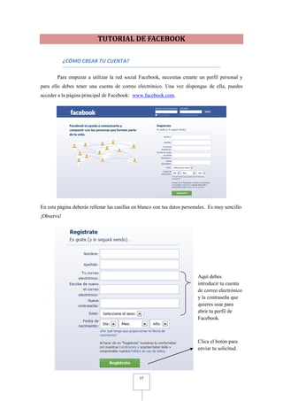 TUTORIAL DE FACEBOOK

            ¿CÓMO CREAR TU CUENTA?

        Para empezar a utilizar la red social Facebook, necesitas crearte un perfil personal y
para ello debes tener una cuenta de correo electrónico. Una vez dispongas de ella, puedes
acceder a la página principal de Facebook: www.facebook.com.




En esta página deberás rellenar las casillas en blanco con tus datos personales. Es muy sencillo.
¡Observa!




                                                                           Aquí debes
                                                                           introducir tu cuenta
                                                                           de correo electrónico
                                                                           y la contraseña que
                                                                           quieres usar para
                                                                           abrir tu perfil de
                                                                           Facebook.



                                                                           Clica el botón para
                                                                           enviar tu solicitud.




                                               17
 