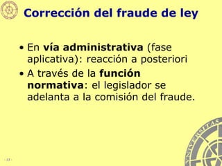 Corrección del fraude de ley En  vía administrativa  (fase aplicativa): reacción a posteriori  A través de la  función normativa : el legislador se adelanta a la comisión del fraude.  