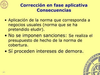 Corrección en fase aplicativa Consecuencias Aplicación de la norma que corresponda a negocios usuales (norma que se ha pretendido eludir).   No se imponen sanciones:  Se realiza el presupuesto de hecho de la norma de cobertura. Sí proceden intereses de demora. 