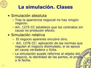 La simulación. Clases Simulación absoluta Tras la apariencia negocial no hay ningún negocio. Art. 1275 CC establece que los contratos sin causa no producen efecto.  Simulación relativa El negocio aparente encubre otro. Art. 1276 CC: aplicación de las normas que regulan el negocio disimulado, si se apoya en causa verdadera y lícita. La simulación puede referirse al objeto del negocio, la identidad de las partes, el precio o la fecha. 