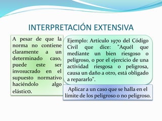 INTERPRETACIÓN EXTENSIVA
Ejemplo: Artículo 1970 del Código
Civil que dice: "Aquél que
mediante un bien riesgoso o
peligroso, o por el ejercicio de una
actividad riesgosa o peligrosa,
causa un daño a otro, está obligado
a repararlo".
A pesar de que la
norma no contiene
claramente a un
determinado caso,
puede este ser
invo1ucrado en el
supuesto normativo
haciéndolo algo
elástico. Aplicar a un caso que se halla en el
límite de los peligroso o no peligroso.
 