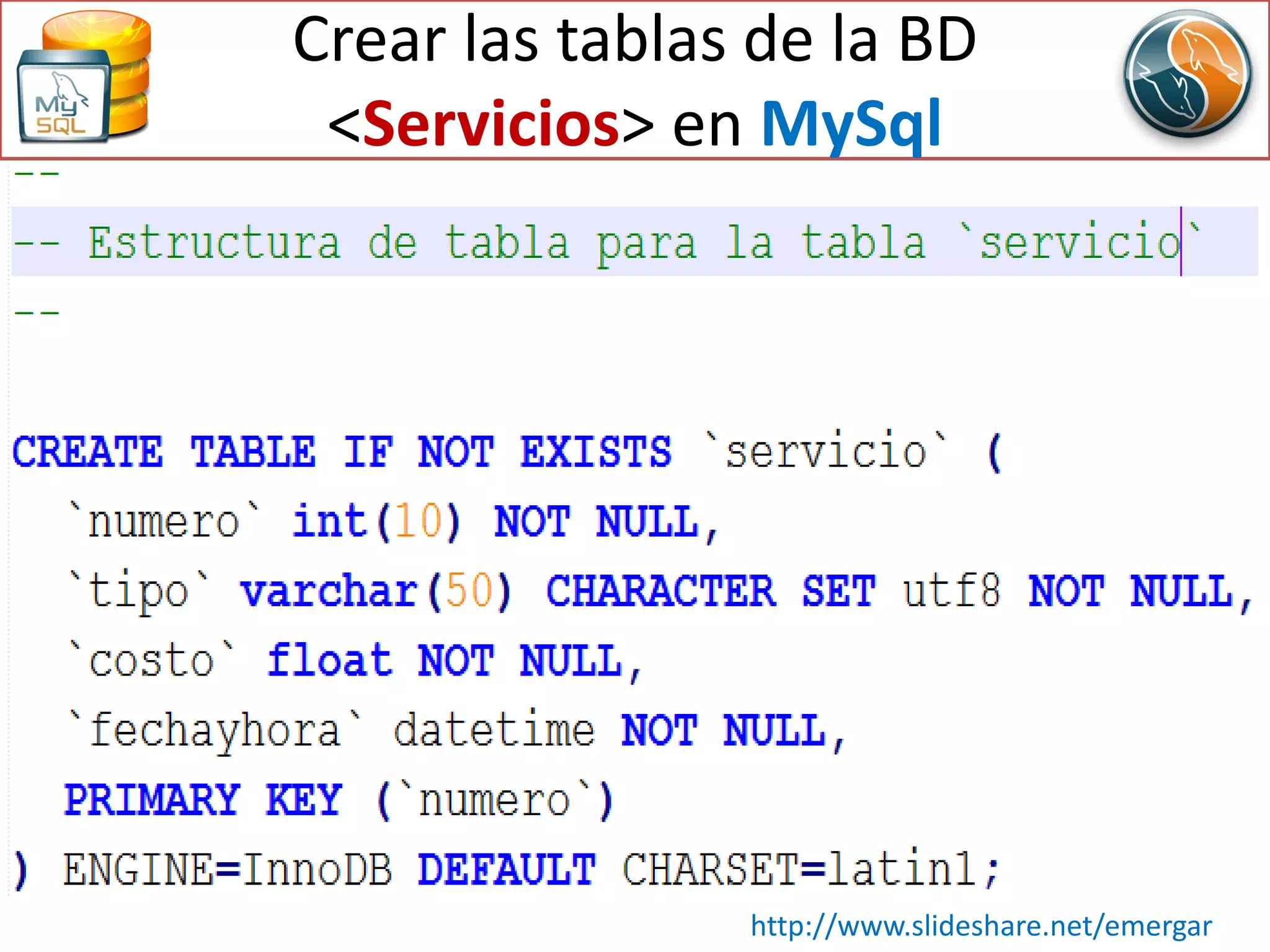 Crear las tablas de la BD
<Servicios> en MySql
http://www.slideshare.net/emergar
 