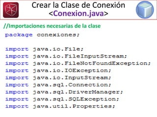 Crear la Clase de Conexión
<Conexion.java>
//Importaciones necesarias de la clase
 