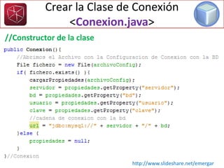 Crear la Clase de Conexión
<Conexion.java>
//Constructor de la clase
http://www.slideshare.net/emergar
 