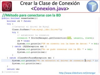 Crear la Clase de Conexión
<Conexion.java>
//Método para conectarse con la BD
http://www.slideshare.net/emergar
 