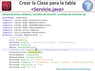 Crear la Clase para la tabla
<Servicio.java>
http://www.slideshare.net/emergar
//Importaciones, atributos, variables de conexión y manejo de consultas sql
 
