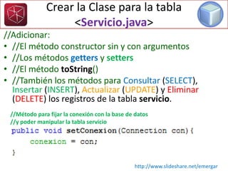 //Adicionar:
• //El método constructor sin y con argumentos
• //Los métodos getters y setters
• //El método toString()
• //También los métodos para Consultar (SELECT),
Insertar (INSERT), Actualizar (UPDATE) y Eliminar
(DELETE) los registros de la tabla servicio.
Crear la Clase para la tabla
<Servicio.java>
http://www.slideshare.net/emergar
//Método para fijar la conexión con la base de datos
//y poder manipular la tabla servicio
 