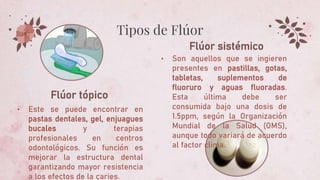 • Este se puede encontrar en
pastas dentales, gel, enjuagues
bucales y terapias
profesionales en centros
odontológicos. Su función es
mejorar la estructura dental
garantizando mayor resistencia
a los efectos de la caries.
Tipos de Flúor
• Son aquellos que se ingieren
presentes en pastillas, gotas,
tabletas, suplementos de
fluoruro y aguas fluoradas.
Esta última debe ser
consumida bajo una dosis de
1.5ppm, según la Organización
Mundial de la Salud (OMS),
aunque todo variará de acuerdo
al factor clima.
Flúor tópico
Flúor sistémico
 
