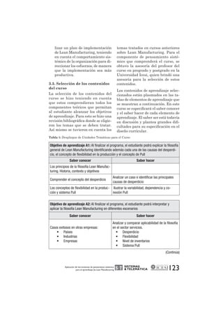 temas tratados en cursos anteriores 
sobre Lean Manufacturing. Para el 
componente de pensamiento sisté-mico 
que comprenderá el curso, se 
obtuvo la asesoría del profesor del 
curso en pregrado y postgrado en la 
Universidad Icesi, quien brindó una 
asesoría para la selección de estos 
contenidos. 
Los contenidos de aprendizaje selec-cionados 
están plasmados en las ta-blas 
de elementos de aprendizaje que 
se muestran a continuación. En este 
curso se especificará el saber conocer 
y el saber hacer de cada elemento de 
aprendizaje. El saber ser está todavía 
en discusión y plantea grandes difi-cultades 
para su especificación en el 
diseño curricular. 
Tabla 1: Despliegue de Unidades Temáticas para el Curso 
SISTEMAS 
& TELEMÁTICA 
123 lizar un plan de implementación 
de Lean Manufacturing, teniendo 
en cuenta el comportamiento sis-témico 
de la organización para di-reccionar 
los esfuerzos, de manera 
que la implementación sea más 
productiva. 
3.3. Selección de los contenidos 
del curso 
La selección de los contenidos del 
curso se hizo teniendo en cuenta 
que estos comprendieran todos los 
componentes teóricos que permitan 
al estudiante alcanzar los objetivos 
de aprendizaje. Para esto se hizo una 
revisión bibliográfica donde se eligie-ron 
los temas que se deben tratar. 
Así mismo se tuvieron en cuenta los 
Objetivo de aprendizaje A1: Al finalizar el programa, el estudiante podrá explicar la filosofía 
general de Lean Manufacturing identificando además cada una de las causas del desperdi-cio, 
el concepto de flexibilidad en la producción y el concepto de Pull 
Saber conocer Saber hacer 
Los principios de la filosofía Lean Manufac-turing. 
Historia, contexto y objetivos 
Comprender el concepto del desperdicio 
Analizar un caso e identificar las principales 
causas de desperdicio 
Los conceptos de flexibilidad en la produc-ción 
y sistema Pull 
Ilustrar la variabilidad, dependencia y co-nexión 
Pull 
Objetivo de aprendizaje A2: Al finalizar el programa, el estudiante podrá interpretar y 
aplicar la filosofía Lean Manufacturing en diferentes escenarios 
Saber conocer Saber hacer 
Casos exitosos en otras empresas: 
• Países 
• Industrias 
• Empresas 
Analizar y comparar aplicabilidad de la filosofía 
en el sector servicios. 
• Desperdicio 
• Flexibilidad 
• Nivel de inventarios 
• Sistema Pull 
(Continúa) 
Aplicación de herramientas de pensamiento sistémico 
para el aprendizaje de Lean Manufacturing 
 