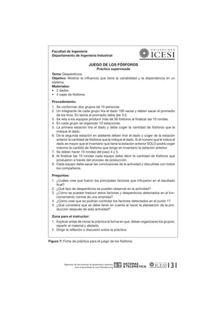 SISTEMAS 
& TELEMÁTICA 
131 Facultad de Ingeniería 
Departamento de Ingeniería Industrial 
JUEGO DE LOS FÓSFOROS 
Práctica supervisada 
Tema: Desperdicios 
Objetivo: Mostrar la influencia que tiene la variabilidad y la dependencia en un 
sistema. 
Materiales: 
• 2 dados 
• 4 cajas de fósforos 
Procedimiento: 
1. Se conforman dos grupos de 10 personas 
2. Un integrante de cada grupo tira el dado 100 veces y deben sacar el promedio 
de los tiros. En teoría el promedio debe dar 3.5. 
3. Se reta a los equipos producir más de 36 fósforos al finalizar las 10 rondas. 
4. En cada grupo se organizan 10 estaciones. 
5. La primera estación tira el dado y debe coger la cantidad de fósforos que le 
indique el dado. 
6. De la segunda estación en adelante deben tirar el dado y coger de la estación 
anterior la cantidad de fósforos que le indique el dado. Si el número que le indica el 
dado es mayor que el inventario que tiene la estación anterior SOLO podrá coger 
máximo la cantidd de fósforos que tenga en inventario la estación anterior. 
7. Se deben hacer 10 rondas del paso 4 y 5. 
8. Al finalizar las 10 rondas cada equipo debe decir la cantidad de fósforos que 
produjeron a través del proceso de producción. 
9. Cada equipo debe sacar las conclusiones de la actividad y discutirlas con todos 
los compañeros. 
Preguntas: 
1. ¿Cuáles cree que fueron los principales factores que influyeron en el resultado 
final? 
2. ¿Qué tipo de desperdicios se pueden observar en la actividad? 
3. ¿Cómo se pueden traducir estos factores y desperdicios detectados en el fun-cionamiento 
normal de una empresa? 
4. ¿Cómo cree que se podrían controlar los factores detectados en el punto 1? 
5. ¿Qué considera que se debe tener en cuenta al hacer la planeación de la pro-ducción 
después de esta actividad? 
Zona para el instructor: 
1. Explicar antes de iniciar la práctica la forma en que deben organizarse los grupos, 
repartir el material y alistarlo. 
2. Dirigir la reflexión o discusión sobre la práctica. 
Figura 7: Ficha de práctica para el juego de los fósforos 
Aplicación de herramientas de pensamiento sistémico 
para el aprendizaje de Lean Manufacturing 
 