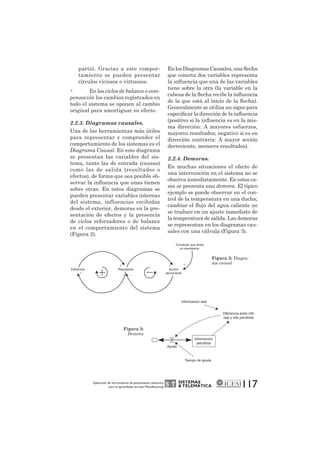 Condición que limita 
el crecimiento 
SISTEMAS 
& TELEMÁTICA 
117 partió. Gracias a este compor-tamiento 
se pueden presentar 
círculos viciosos o virtuosos. 
• En los ciclos de balance o com-pensación 
los cambios registrados en 
todo el sistema se oponen al cambio 
original para amortiguar su efecto. 
2.2.3. Diagramas causales. 
Una de las herramientas más útiles 
para representar y comprender el 
comportamiento de los sistemas es el 
Diagrama Causal. En este diagrama 
se presentan las variables del sis-tema, 
tanto las de entrada (causas) 
como las de salida (resultados o 
efectos), de forma que sea posible ob-servar 
la influencia que unas tienen 
sobre otras. En estos diagramas se 
pueden presentar variables internas 
del sistema, influencias recibidas 
desde el exterior, demoras en la pre-sentación 
de efectos y la presencia 
de ciclos reforzadores o de balance 
en el comportamiento del sistema 
(Figura 2). 
En los Diagramas Causales, una flecha 
que conecta dos variables representa 
la influencia que una de las variables 
tiene sobre la otra (la variable en la 
cabeza de la flecha recibe la influencia 
de la que está al inicio de la flecha). 
Generalmente se utiliza un signo para 
especificar la dirección de la influencia 
(positivo si la influencia es en la mis-ma 
dirección: A mayores esfuerzos, 
mayores resultados; negativo si es en 
dirección contraria: A mayor acción 
decreciente, menores resultados). 
2.2.4. Demoras. 
En muchas situaciones el efecto de 
una intervención en el sistema no se 
observa inmediatamente. En estos ca-sos 
se presenta una demora. El típico 
ejemplo se puede observar en el con-trol 
de la temperatura en una ducha; 
cambiar el flujo del agua caliente no 
se traduce en un ajuste inmediato de 
la temperatura de salida. Las demoras 
se representan en los diagramas cau-sales 
con una válvula (Figura 3). 
Figura 2: Diagra-ma 
causal 
Esfuerzos Resultados Acción 
Figura 3: 
Demora 
decreciente 
Información 
percibida 
Diferencia entre info 
real y info percibida 
Información real 
Ajuste 
Tiempo de ajuste 
Aplicación de herramientas de pensamiento sistémico 
para el aprendizaje de Lean Manufacturing 
 