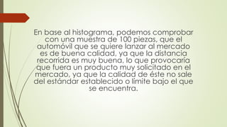 En base al histograma, podemos comprobar
con una muestra de 100 piezas, que el
automóvil que se quiere lanzar al mercado
es de buena calidad, ya que la distancia
recorrida es muy buena, lo que provocaría
que fuera un producto muy solicitado en el
mercado, ya que la calidad de éste no sale
del estándar establecido o límite bajo el que
se encuentra.
 