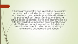 El histograma muestra que la calidad de estudios
por parte de los estudiantes es regular, ya que no
se muestra un gran interés, por parte de ello esto
se puede dar por varios factores. Uno sería la
dificultad de la carrera, por lo que el promedio de
ésta Universidad se mantiene en una calificación
de 60-70, lo cual indica que la calidad de los
estudiantes no es la adecuada por el bajo
rendimiento académico que tienen.
 