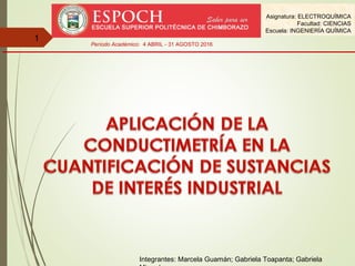 1
Asignatura: ELECTROQUÍMICA
Facultad: CIENCIAS
Escuela: INGENIERÍA QUÍMICA
Período Académico: 4 ABRIL - 31 AGOSTO 2016
Integrantes: Marcela Guamán; Gabriela Toapanta; Gabriela
 