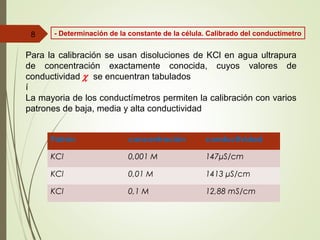 8
Para la calibración se usan disoluciones de KCl en agua ultrapura
de concentración exactamente conocida, cuyos valores de
conductividad χ se encuentran tabulados
í
La mayoria de los conductímetros permiten la calibración con varios
patrones de baja, media y alta conductividad
Patrón concentración conductividad
KCl 0,001 M 147µS/cm
KCl 0,01 M 1413 µS/cm
KCl 0,1 M 12,88 mS/cm
- Determinación de la constante de la célula. Calibrado del conductímetro
 