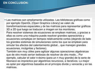 EN CONCLUSION: 
 Las matrices son ampliamente utilizadas. Las bibliotecas gráficas como 
por ejemplo OpenGL (Open Graphics Library) se valen de 
transformaciones espaciales y de las matrices para representar gráficos 
3D a 2D que luego se traducen a imagen en los monitores. 
Para resolver sistemas de ecuaciones se emplean matrices, y gracias a 
ellas es como una máquina puede resolver grandes operaciones y 
ecuaciones complejas en tiempos relativamente cortos (dejando de lado 
los grandes sistemas de simulaciones como los que se emplean para 
simular los efectos del calentamiento global... que manejan grandes 
ecuaciones, incógnitas y factores). 
También son muy útiles para agilizar algunas operaciones algebraicas 
que de otro modo serían tediosas de resolver de otro modo... Por 
ejemplo, calcular el valor n-ésimo (para un n muy grande) de la serie de 
fibonacci es impráctico por algoritmos recursivos, e iterativos. Lo mejor 
es optar por algoritmos basados en el principio divide y vencerás y en las 
matrices. 
 