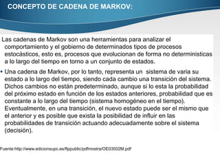 CONCEPTO DE CADENA DE MARKOV: 
Las cadenas de Markov son una herramientas para analizar el 
comportamiento y el gobierno de determinados tipos de procesos 
estocásticos, esto es, procesos que evolucionan de forma no deterministicas 
a lo largo del tiempo en torno a un conjunto de estados. 
 Una cadena de Markov, por lo tanto, representa un sistema de varia su 
estado a lo largo del tiempo, siendo cada cambio una transición del sistema. 
Dichos cambios no están predeterminado, aunque si lo esta la probabilidad 
del próximo estado en función de los estados anteriores, probabilidad que es 
constante a lo largo del tiempo (sistema homogéneo en el tiempo). 
Eventualmente, en una transición, el nuevo estado puede ser el mismo que 
el anterior y es posible que exista la posibilidad de influir en las 
probabilidades de transición actuando adecuadamente sobre el sistema 
(decisión). 
Fuente:http://www.edicionsupc.es/ftppublic/pdfmostra/OE03502M.pdf 
 