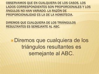 OBSERVAMOS QUE EN CUALQUIERA DE LOS CASOS, LOS
LADOS CORRESPONDIENTES SON PROPORCIONALES Y LOS
ÁNGULOS NO HAN VARIADO. LA RAZÓN DE
PROPORCIONALIDAD ES LA DE LA HOMOTECIA.

DIREMOS QUE CUALQUIERA DE LOS TRIÁNGULOS
RESULTANTES ES SEMEJANTE AL ABC.



   Diremos   que cualquiera de los
        triángulos resultantes es
            semejante al ABC.
 